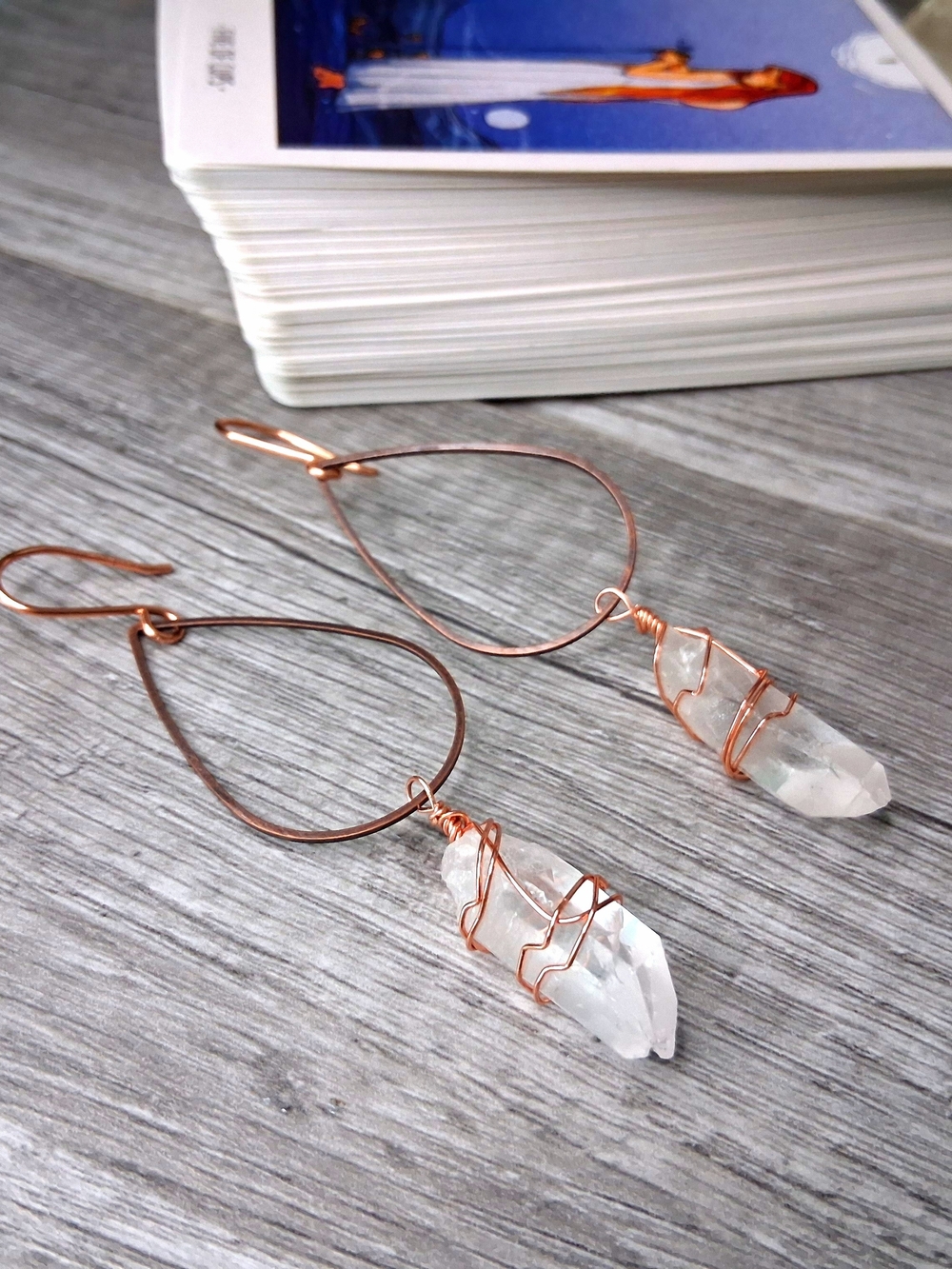 Copper and Clear Quartz Crystal Teardrop Wire Wrap Earrings - Picture 5 of 6
